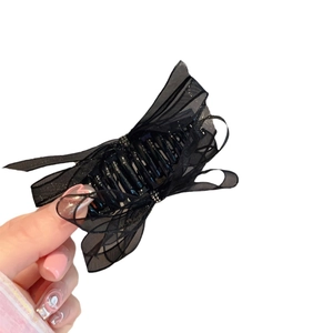 Elegant black organza bow hair claw clip with crystal center for a sweet princess style