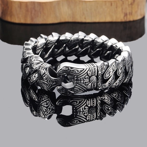 Pulsera de Cadena de Eslabones Cubanos de Acero Inoxidable Tótem Vintage para Hombre Estilo Vikingo Nórdico Joyería Hip Hop Color Acero