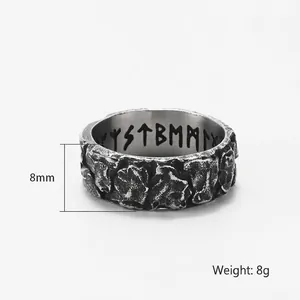 Anello da uomo 8mm stile retrò con texture rocciosa e incisione di rune nordiche
