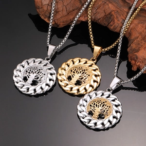 Vintage Tree Of Life Pendant Necklace For Men Stainless Steel Round Hollow Punk Gothic Style Jewelry Gift For Boyfriend