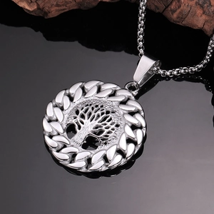 Vintage silver Tree of Life pendant necklace with Cuban link border on bead chain