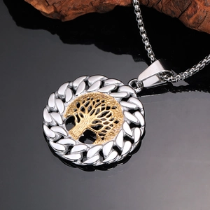 Vintage tree of life round pendant necklace in gold and silver steel with chain