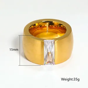 Men's hip hop gold stainless steel ring with 15mm wide band and large clear zircon stone