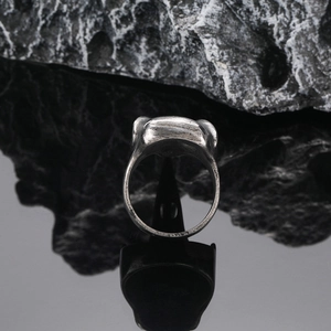 Vue de dessus d'une bague tête de mort de pivert vintage pour homme avec fini métal brossé
