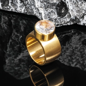 Men's gold-plated stainless steel ring with brushed finish and large zircon gemstone