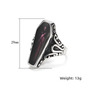 Vintage Gothic Sarg Ring aus Edelstahl mit Relief Gravur und schwarzer Einlage