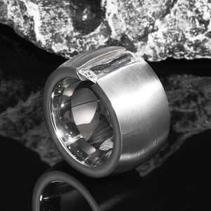 Men's wide brushed titanium steel ring featuring a large rectangular cubic zirconia inlay