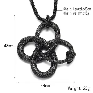 Gothic vintage stainless steel double snake circular pendant with black bead chain necklace