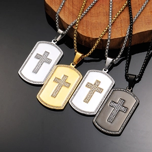 Collana Hip Hop Da Uomo Con Croce Dog Tag In Acciaio Inossidabile Pendente Con Strass Gioiello Religioso Con Catena