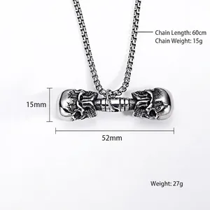 Collier avec pendentif haltère double crâne en acier inoxydable argenté vieilli pour hommes