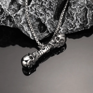 Collier Pendentif Haltère Double Crâne Rétro Acier Inoxydable Punk Gothique Hip Hop Bijoux Pour Hommes Chaîne Boîte Cadeau