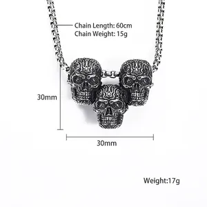 Collier rétro punk à trois crânes en acier inoxydable argenté avec chaîne box