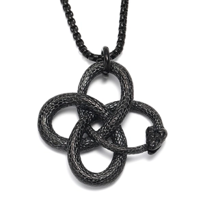Vintage stainless steel black uroboros snake pendant with Celtic knot scale details