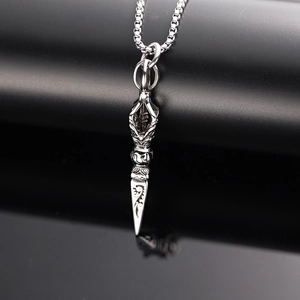 Retro Vajra Pestle pendant in silver titanium steel with detailed box chain necklace