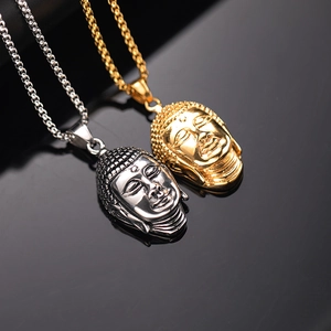 Vintage Men Stainless Steel Buddha Head Pendant Necklace Shakyamuni Titanium Steel Religious Jewelry Punk Hip Hop Necklace