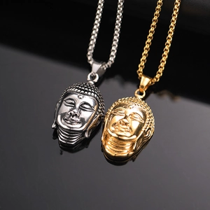 Vintage stainless steel Buddha head pendant necklace in polished gold and silver finish