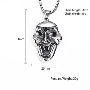 Gothic clown mask pendant with fangs, retro silver stainless steel hip hop necklace