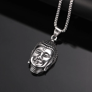 3D Buddha head pendant necklace in silver stainless steel with box chain for men