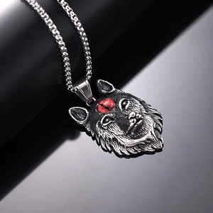 Punk Wolfskopf Anhänger mit rotem Auge an Boxkette, Wikinger Edelstahlschmuck für Herren