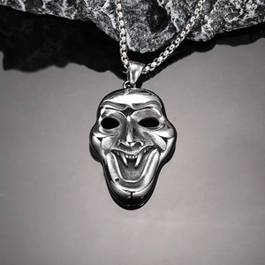 Punk Gothic Joker Mask Pendant Necklace Men Stainless Steel Fang Hip Hop Streetwear Halloween Jewelry