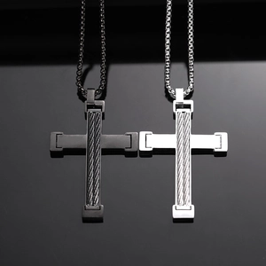 Punk Stainless Steel Cross Pendant Necklace With Inlaid Wire Rope Design Edgy Fashion Jewelry For Men Daily Accessories