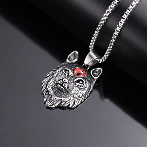 Vintage Punk Wolfskopf Anhänger Halskette Herren Titanstahl Rotes Auge Wolf Totem Wikinger Tier Anhänger Halskette Schmuck