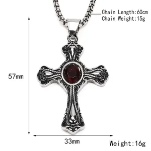 Gothic Hip-Hop Kreuzkette mit rotem Edelstein und 60cm langer Edelstahlkette