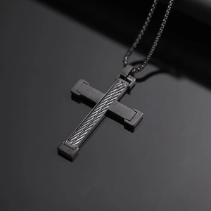 Men's titanium steel cross necklace featuring industrial wire cable inlay on black surface