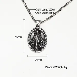 Collier croix vintage en acier inoxydable avec médaille miraculeuse et chaîne à maillons