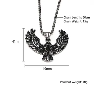 Punk style stainless steel eagle pendant necklace with detailed feathers and 60cm chain
