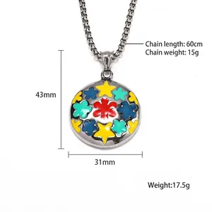 Collier avec pendentif étoile et fleur en acier titane et émail coloré pour hommes