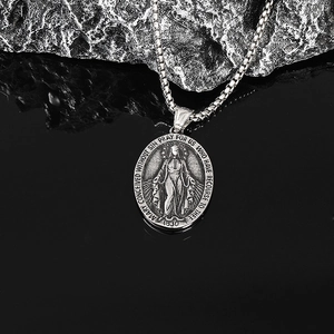 Pendentif relief ovale Vierge Marie en acier inoxydable vintage avec chaîne de boîte