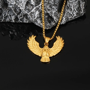 Golden eagle pendant necklace with detailed feathers on round box chain for men