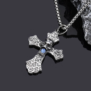 Gothic punk titanium steel cross necklace with skull detail and blue zircon stone