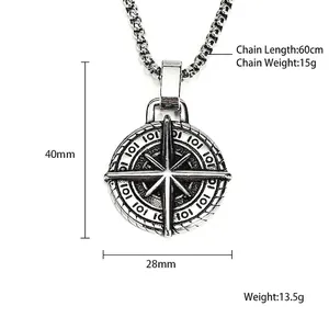 Vintage punk stainless steel compass necklace with star relief and silver finish