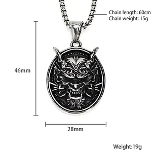 Retro stainless steel dragon head medallion necklace with 60cm chain for men