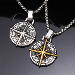 Vintage Compass Star Pendant Necklace For Men Titanium Steel Retro Punk Hip Hop Polished Round Medallion Necklace Jewelry Gift