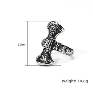 Viking battle axe ring in antique silver with Norse runes and 28mm height detail