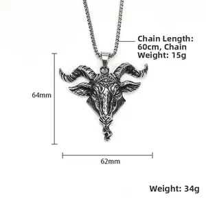 Gothic Baphomet ram head pendant necklace in stainless steel with all-seeing eye detail