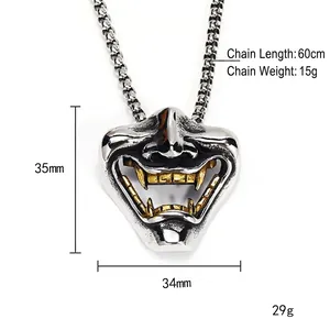 Mens Hannya mask pendant necklace in silver and gold steel with dimensions of 35mm by 34mm