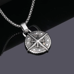 Vintage stainless steel compass pendant necklace for men featuring a box chain in silver