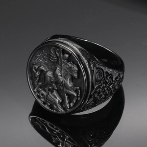 Punk vintage Saint George portrait signet ring for men in antique black steel finish