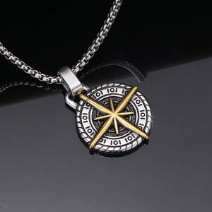 Vintage stainless steel compass pendant necklace with gold star and silver square pearl chain