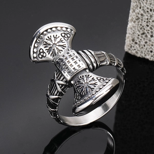 Vintage Viking double axe ring with Aegishjalmur totem in polished stainless steel