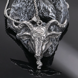 Gothic silver Baphomet goat head pendant necklace with vintage occult eye engraving