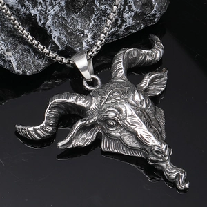 Detail of gothic Baphomet goat head pendant with vintage blackened stainless steel finish