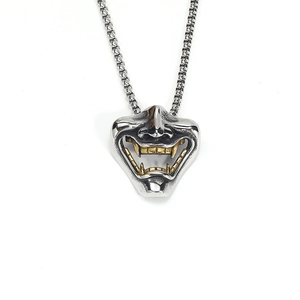 Mens Hannya Mask pendant necklace in silver and gold dual-tone punk gothic jewelry style