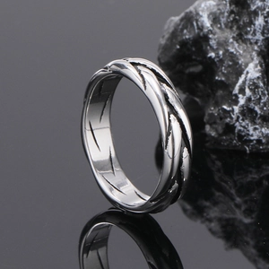 Retro titanium steel ring for men featuring a unique woven braided texture in silver finish