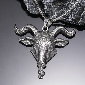 Vintage stainless steel Baphomet goat head pendant necklace with devil eye for men