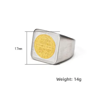 Mens vintage stainless steel Saint Benedict medal signet ring with 17mm square cross face